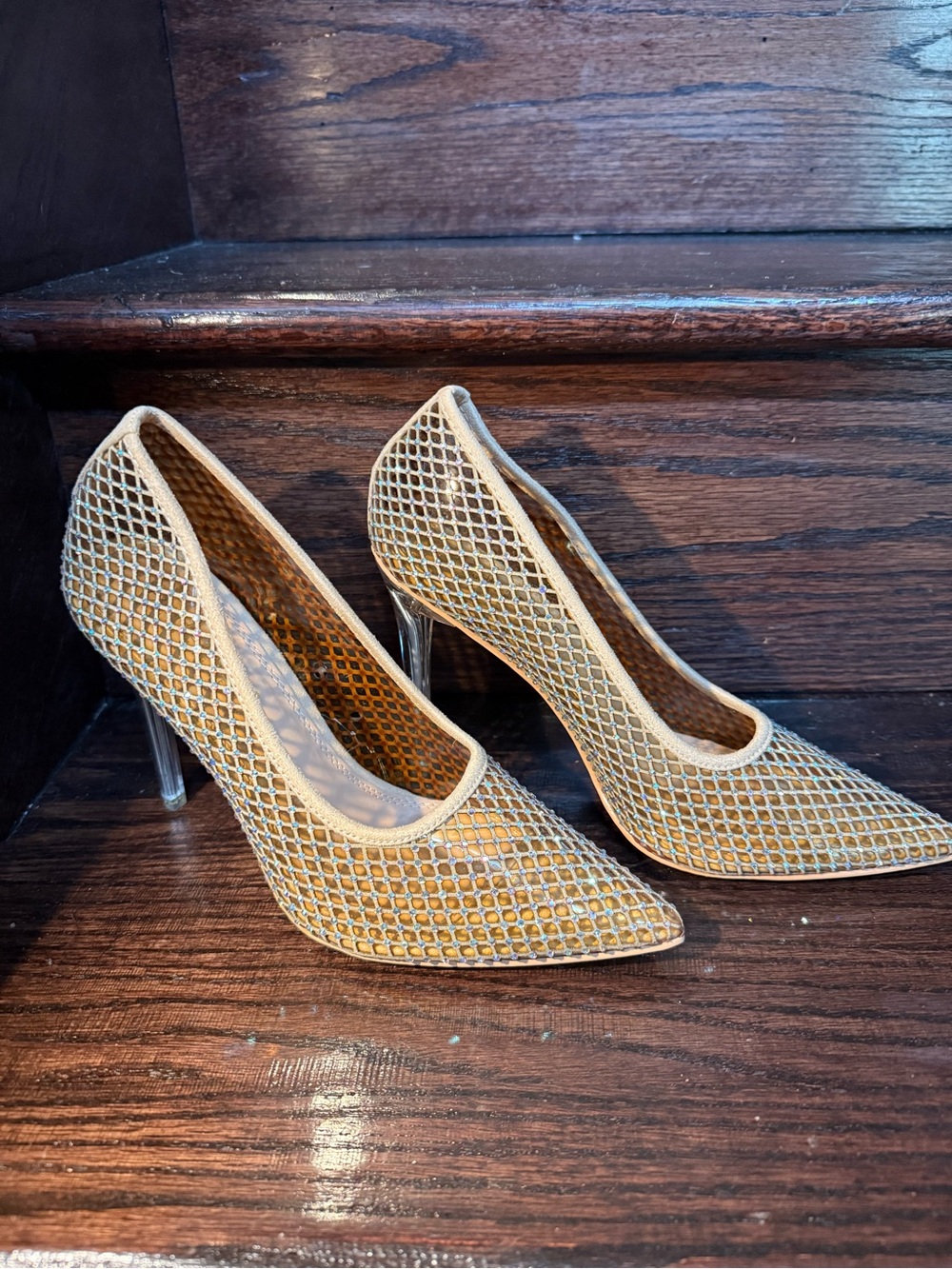 Fashion Nova Gold Mesh Pointed Toe Heels with Clear Stiletto